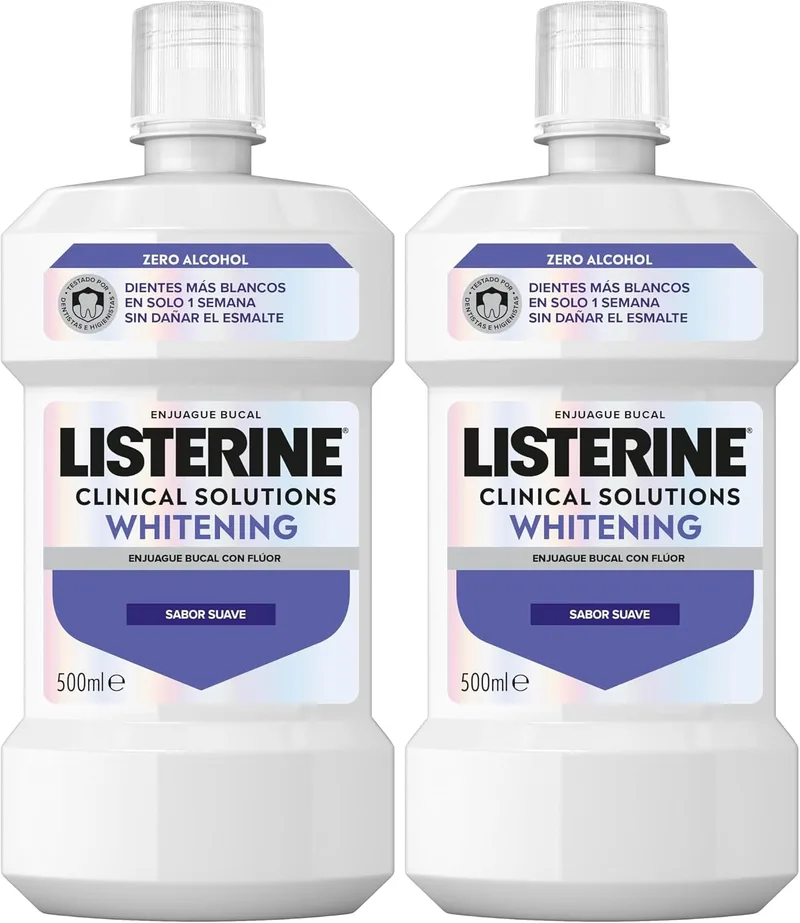 Listerine ▫️ Advanced White Sabor Suave (1 x 500 ml), elixir bucal com 0% de álcool, elixir bucal sem álcool com sabor a menta, elixir bucal branqueador para uma limpeza ideal (Embalagem de 2)