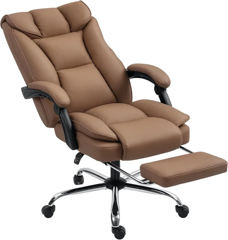HOMCOM ▫️ Cadeira de secretária com apoio para os pés, cadeira giratória de escritório, com encosto alto e reclinável, estofo de espessura dupla, estofo em pele sintética resistente, regulável em altura, castanho