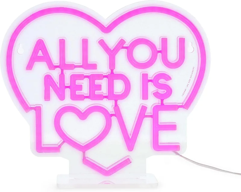 Legami ▫️ Sinal luminoso LED de efeito néon, decoração, base amovível, fonte de alimentação com cabo tipo C, tema All You Need Is Love, apenas para uso interior