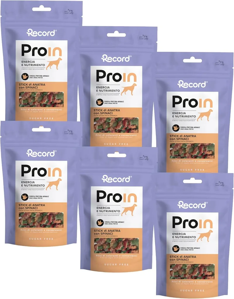 Record ▫️ Snack Monoproteína Natural para Cães com Pato e Espinafres, Embalagem 6 x 75g Stick Hipoalergénico, Sem Grãos. Energia e bem-estar intestinal, sem corantes nem açúcares.