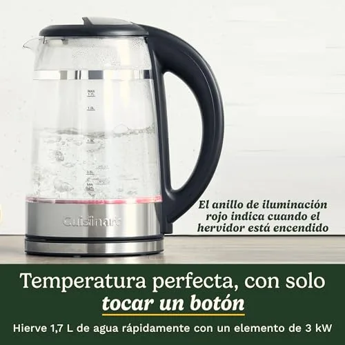 CUISINART ▫️ Fervedor de vidro de 1,7 L com controlo de temperatura, fervura rápida de 3 kW, exterior frio ao toque, parede dupla, sem BPA, bico antigotejamento, base giratória de 360°, desligamento automático e ecrã tátil 2