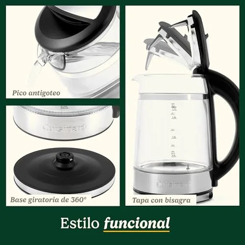 CUISINART ▫️ Fervedor de vidro de 1,7 L com controlo de temperatura, fervura rápida de 3 kW, exterior frio ao toque, parede dupla, sem BPA, bico antigotejamento, base giratória de 360°, desligamento automático e ecrã tátil 6
