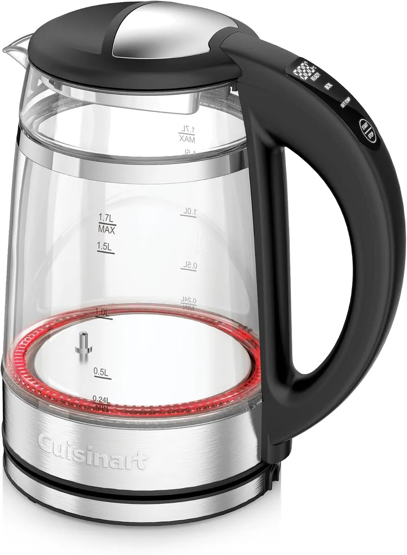 CUISINART ▫️ Fervedor de vidro de 1,7 L com controlo de temperatura, fervura rápida de 3 kW, exterior frio ao toque, parede dupla, sem BPA, bico antigotejamento, base giratória de 360°, desligamento automático e ecrã tátil