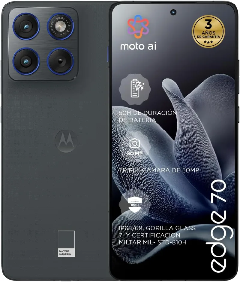 Motorola ▫️ Edge 70 24 GB (12 GB + 12 GB RAM Boost)/512 GB Gadget Grey, Espanha. Design incrivelmente fino. Ecrã Super HD de 6,7". Câmara tripla de 50 MP com Moto AI. 4800 mAh. Resistência de nível militar