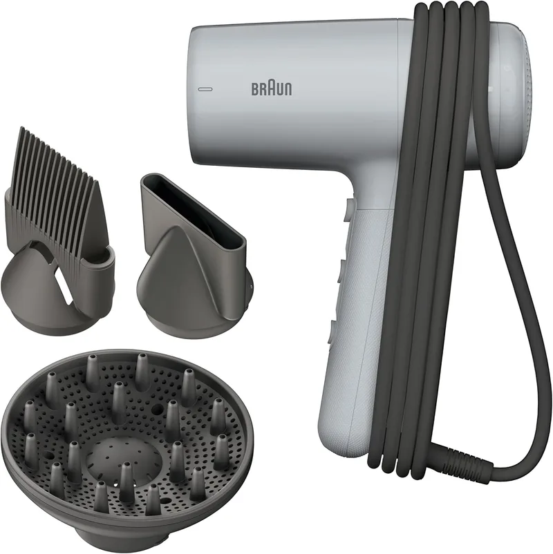 Braun ▫️ Secador de cabelo HD2.35 – Secador potente com difusor, pente alisador e bocal de secagem, tecnologia IONTEC, motor de 2200 W, 3 níveis de temperatura e 2 velocidades, acabamento cinzento acetinado – BRHD235E