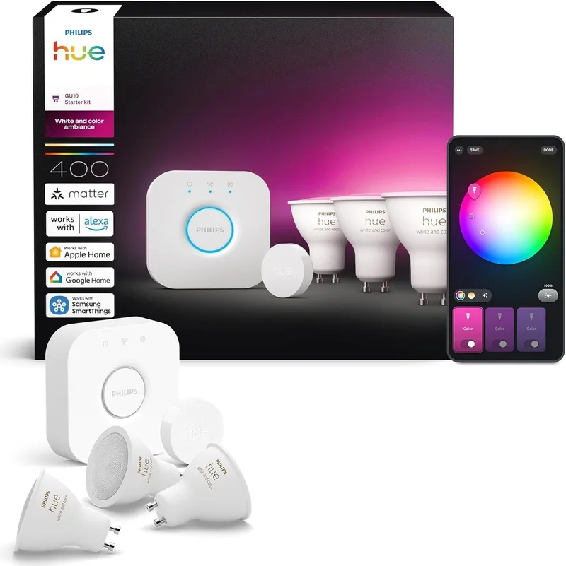 Philips Hue ▫️ Kit Starter Pro: Bridge, botão inteligente, 3 lâmpadas LED inteligentes GU10, luz branca e cores, compatível com Apple Home, Amazon Alexa, Google Assistant e Samsung SmartThings