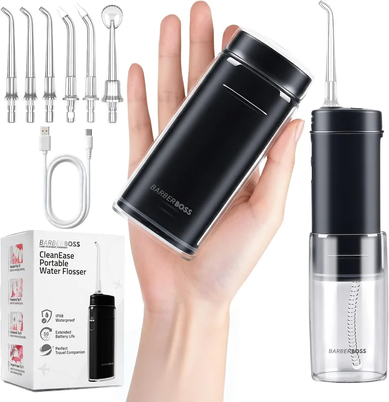 BARBERBOSS ▫️ Irrigador oral portátil e sem fios para viagens, 3 níveis de pressão, 6 bicos, reservatório de água telescópico IPX8, recarregável por USB-C, QR-7112 (preto)