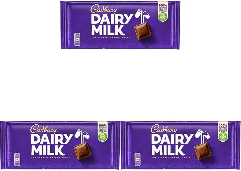 Cadbury ▫️ Dairy Milk, Barra de Chocolate de Leite Clássica, Deliciosamente Cremosa e Sustentável, 110 g (Embalagem de 3)