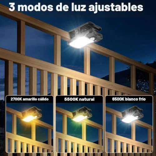 BlueYu ▫️ Luz Solar para Exterior com Pinça - Lâmpadas Solares com Sensor de Movimento 800 LM, Foco Solar com 3 Modos e 3 Cores, Luzes Solares com USB e Controlo Remoto à Prova de Água para Cercas e Jardins (4 Unidades) 4