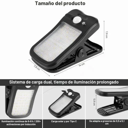 BlueYu ▫️ Luz Solar para Exterior com Pinça - Lâmpadas Solares com Sensor de Movimento 800 LM, Foco Solar com 3 Modos e 3 Cores, Luzes Solares com USB e Controlo Remoto à Prova de Água para Cercas e Jardins (4 Unidades) 7