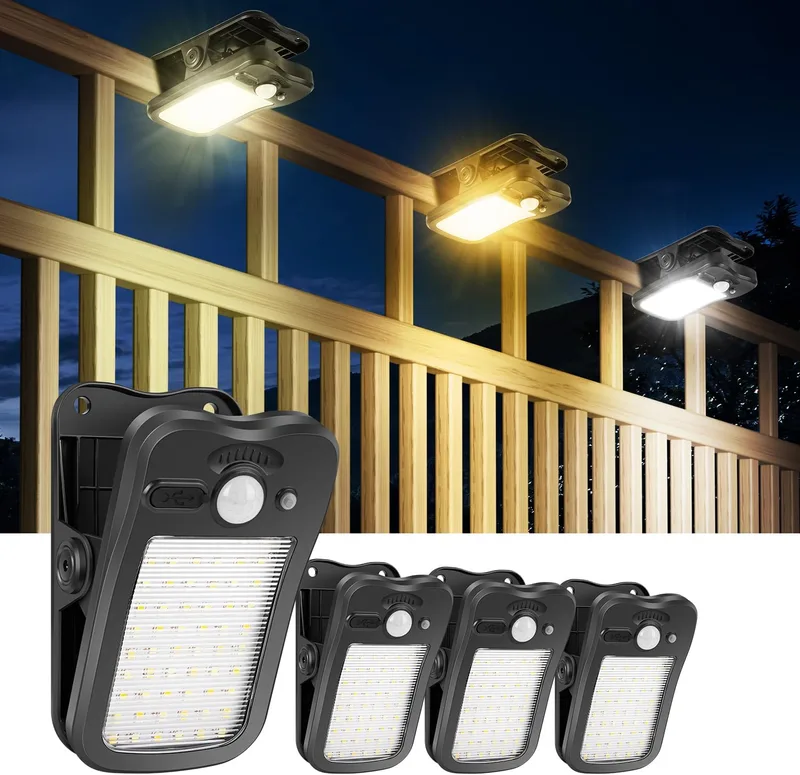 BlueYu ▫️ Luz Solar para Exterior com Pinça - Lâmpadas Solares com Sensor de Movimento 800 LM, Foco Solar com 3 Modos e 3 Cores, Luzes Solares com USB e Controlo Remoto à Prova de Água para Cercas e Jardins (4 Unidades)