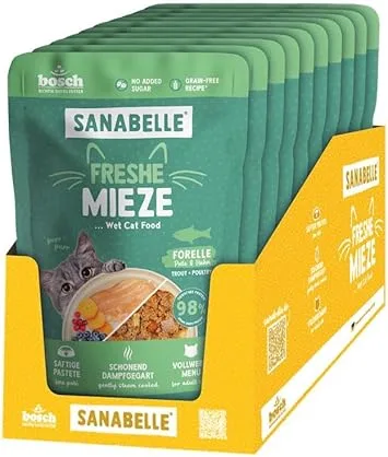 Sanabelle ▫️ Freshe Mieze - Truta, Peru e Frango, 10 sacos de 100 g Totalmente reciclável, Alimento húmido para gatos cozinhado a vapor, Alimento fresco para gatos, uma marca de alimento para gatos.