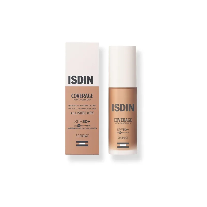 ISDIN Coverage SPF 50, base com proteção solar muito elevada, acabamento natural, ação anti-envelhecimento, reduz as rugas e as rídulas - 30ml