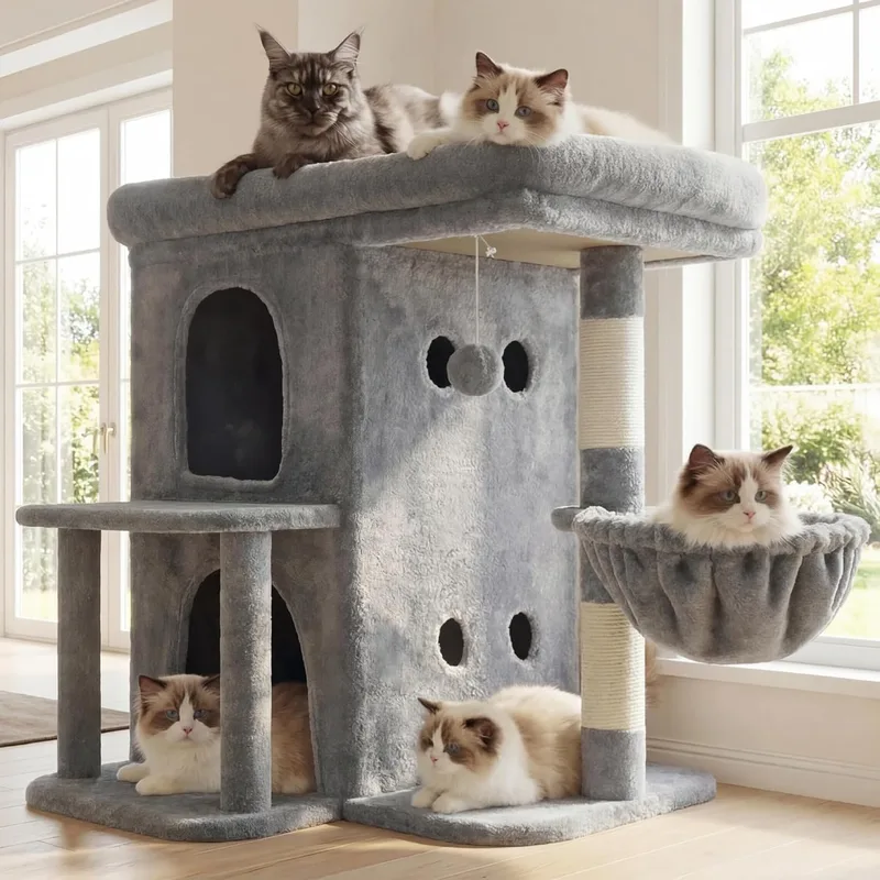 Heybly ▫️ Árvore para gatos 65 cm de altura, com uma plataforma superior extragrande, cesto para gatos de dois andares, arranhador de sisal, cesto e brinquedos para gatos, cinzento claro HCT204SW