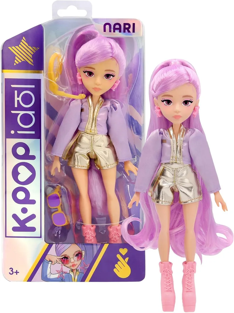 K-POP IDOL ▫️ Nari Fashion Doll K-Pop Power Idol Style, cabelo lavanda. 3 acessórios para criar roupas ideais para fãs a partir dos 3 anos