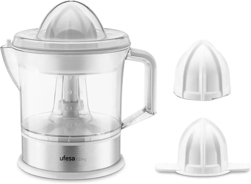 Ufesa ▫️ Espremedor elétrico Zing 40W, capacidade de 0,7L, corpo em aço inoxidável, 2 cones e filtro ajustável, rotação bidirecional, ignição automática, peças destacáveis e sem BPA