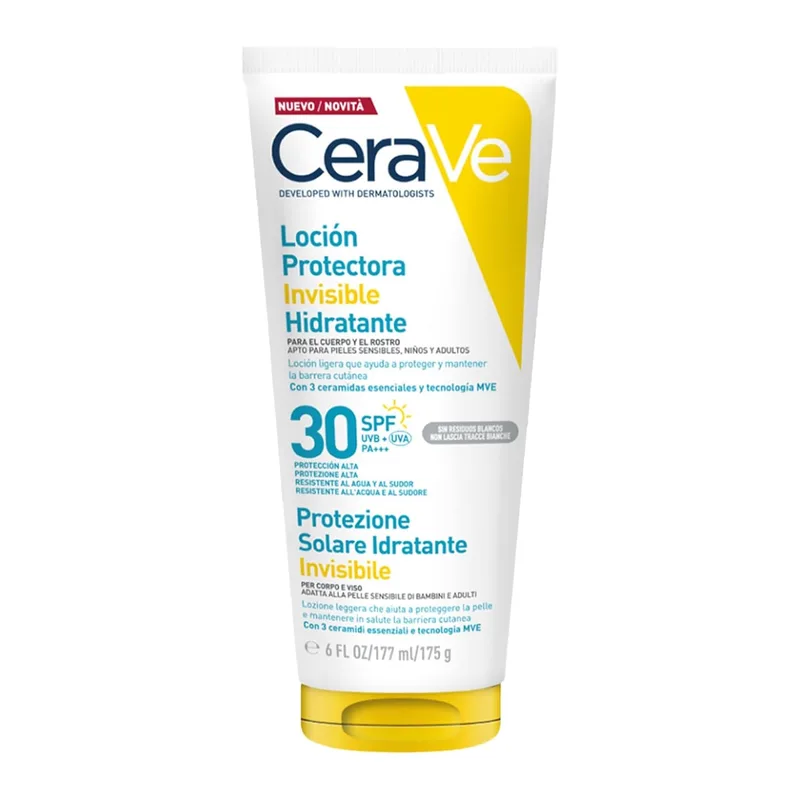 CeraVe ▫️ Loção Protetora Invisível Hidratante FPS 30, UVB + UVA, 177 ml | Elevada proteção UVB + UVA que reforça a barreira cutânea e mantém a hidratação durante 24 horas.
