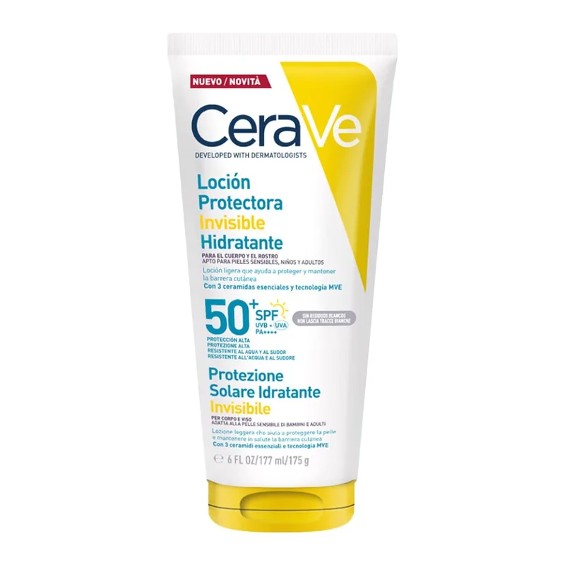 CeraVe Loção Hidratante Protetora Invisível SPF 50+, com 3 ceramidas essenciais, adequada para o corpo, rosto e todos os tipos de pele 177 ml
