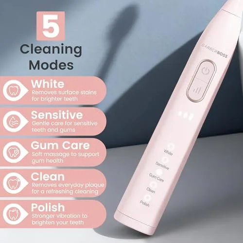BARBERBOSS ▫️ Escova de dentes elétrica sónica para adultos, escova de dentes recarregável cor-de-rosa com base de carregamento USB, 5 modos de limpeza, 3 intensidades, temporizador inteligente de 2 minutos, QR-7303 5
