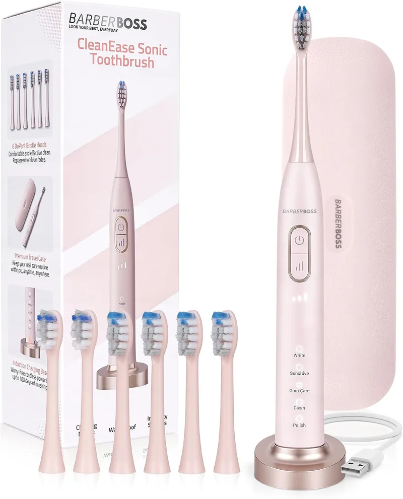 BARBERBOSS ▫️ Escova de dentes elétrica sónica para adultos, escova de dentes recarregável cor-de-rosa com base de carregamento USB, 5 modos de limpeza, 3 intensidades, temporizador inteligente de 2 minutos, QR-7303