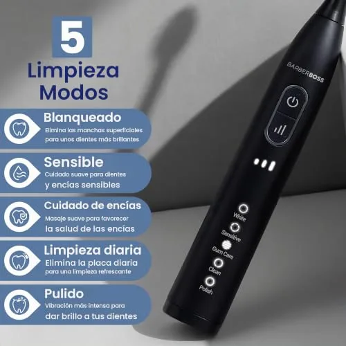 BARBERBOSS ▫️ Sonic Escova de dentes elétrica recarregável para adultos, 5 modos × 3 intensidades, temporizador de 2 minutos, 6 cabeças de escova + estojo de viagem, até 180 dias de utilização, QR-7302 5