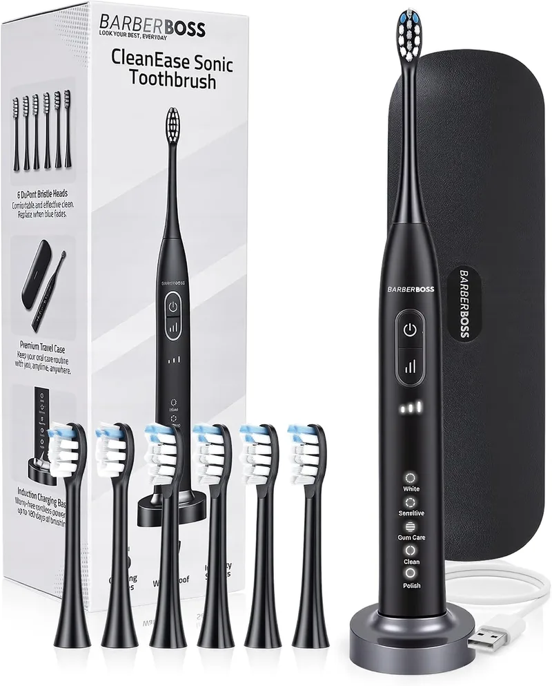 BARBERBOSS ▫️ Sonic Escova de dentes elétrica recarregável para adultos, 5 modos × 3 intensidades, temporizador de 2 minutos, 6 cabeças de escova + estojo de viagem, até 180 dias de utilização, QR-7302