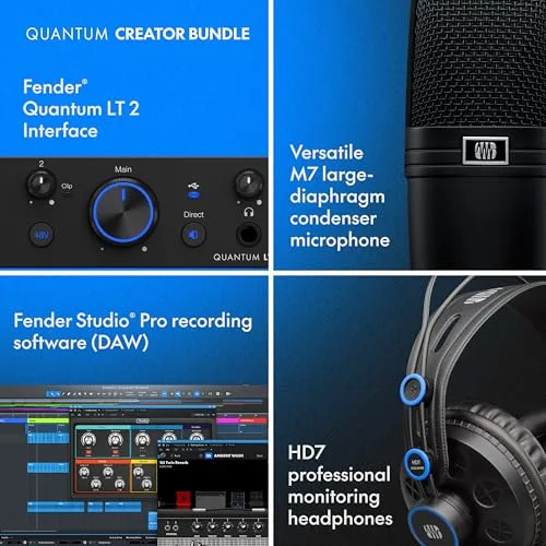 Fender ▫️ Quantum Creator Bundle | Kit de gravação caseira com interface USB-C Quantum LT 2, microfone de condensador M7, auscultadores HD7, cabo XLR, suporte para microfone e Studio Pro. 5
