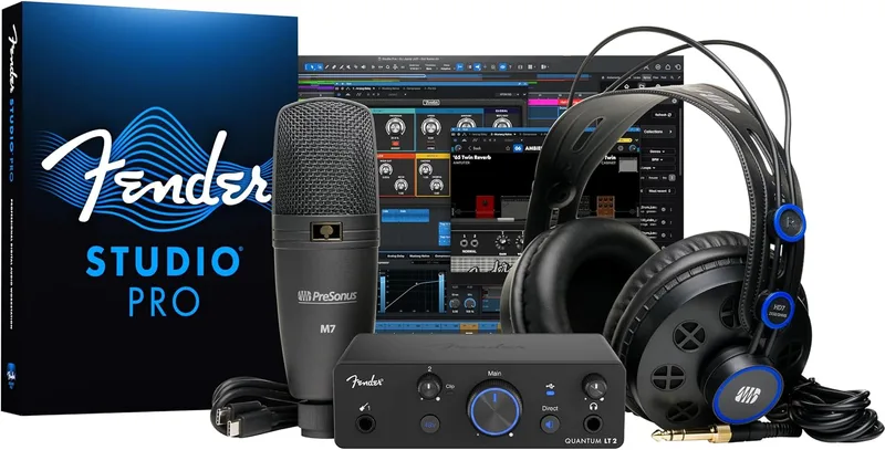 Fender ▫️ Quantum Creator Bundle | Kit de gravação caseira com interface USB-C Quantum LT 2, microfone de condensador M7, auscultadores HD7, cabo XLR, suporte para microfone e Studio Pro.