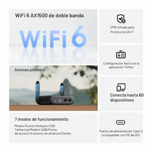 TP-Link ▫️ TL-WR1512X Portátil - Router Wi-Fi 6, AX1500, VPN, USB-C 5
