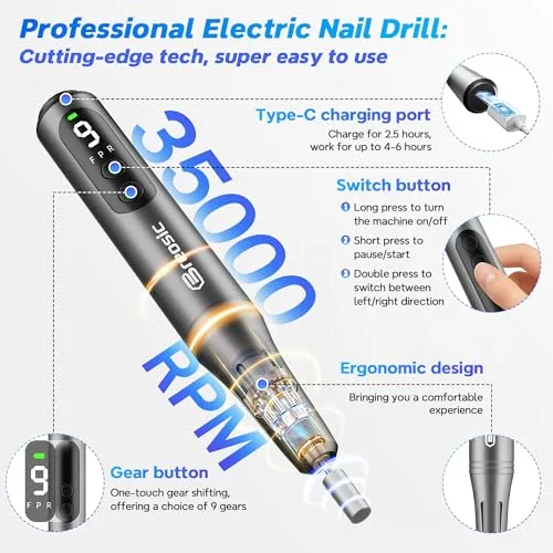 Breosic ▫️ Máquina profissional para unhas – lima elétrica 12 em 1, cinzenta 2