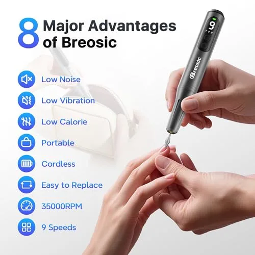 Breosic ▫️ Máquina profissional para unhas – lima elétrica 12 em 1, cinzenta 3