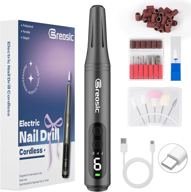 Breosic ▫️ Máquina profissional para unhas – lima elétrica 12 em 1, cinzenta