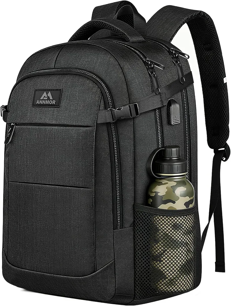 ANNMOR ▫️ Mochila para computador portátil, mochila para computador portátil de 15,6-17,3", mochila de trabalho para homem com porta USB para viagens de trabalho e escola - preto