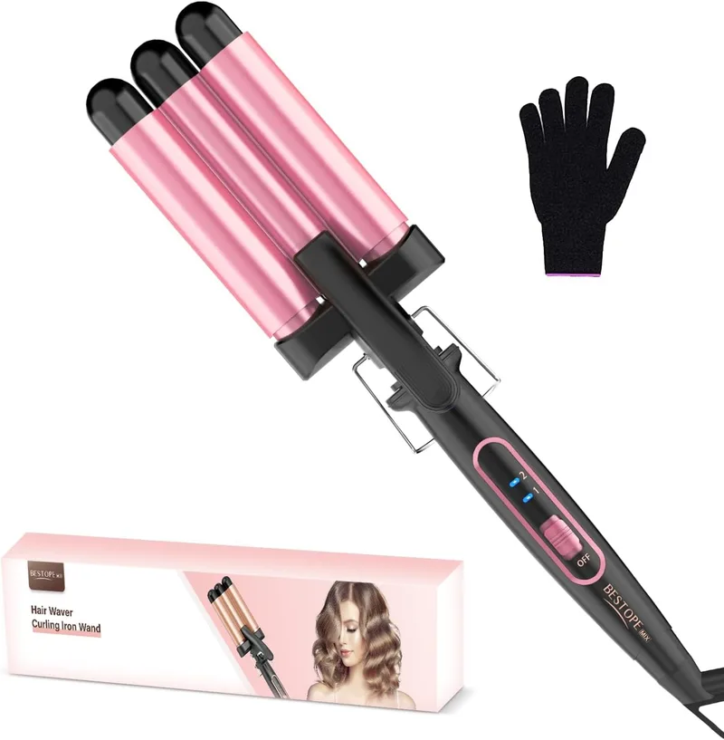 BESTOPE MIX ▫️ Ferro de frisar para cabelos ondulados Alisador - Hair Curler 3 Barrels 22mm Ceramic Waving Iron Aquecimento rápido 150°C/210°C Ferro de frisar para cabelos longos e curtos