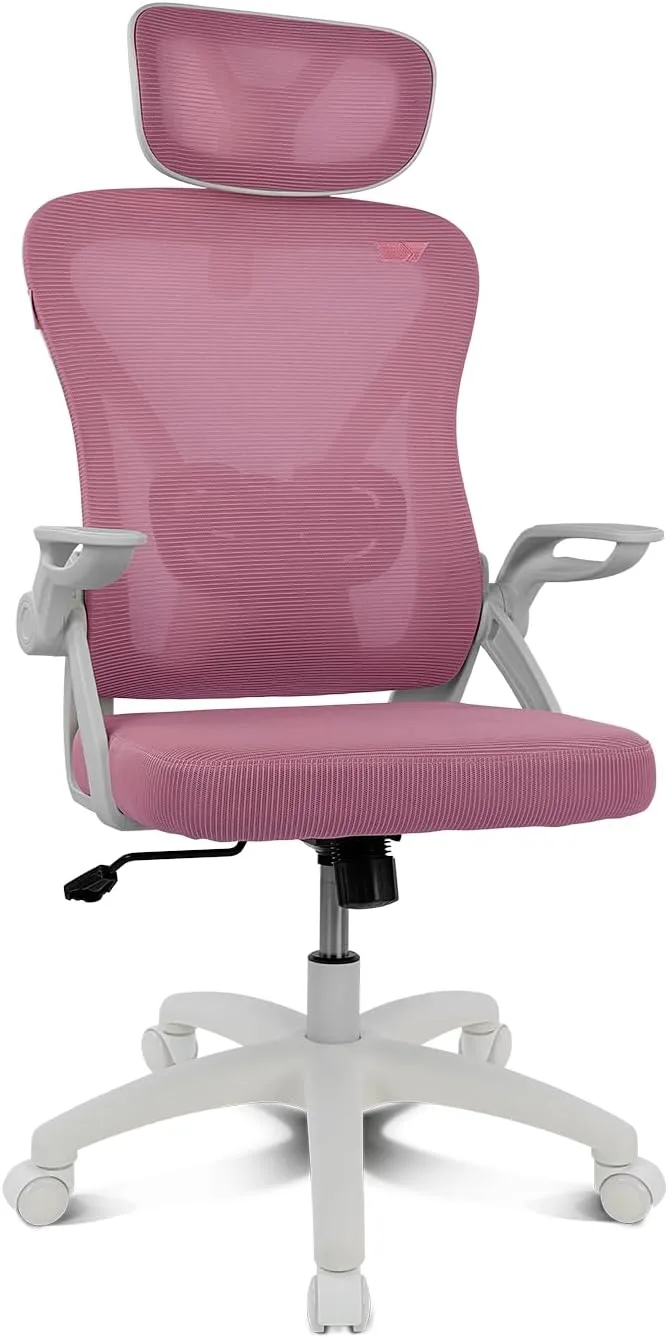 DRIFT GAMING ▫️ DRAIR35 – Cadeira ergonómica de escritório para o trabalho e para casa, com malha tensionada respirável, reclinável entre 90 e 120°, encosto de cabeça e braços rebatíveis, suporta até 120 kg, rosa-branco