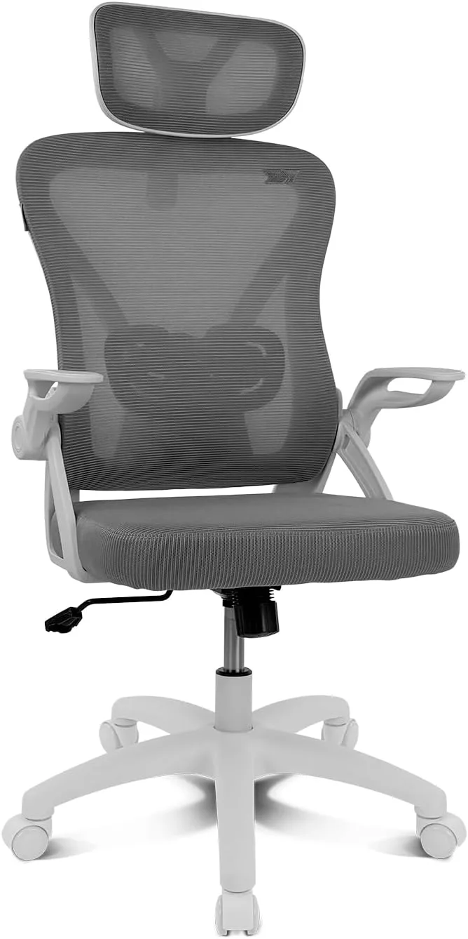 DRIFT GAMING ▫️ DRAIR35 – Cadeira ergonómica de escritório para o trabalho e para casa, com malha tensionada respirável, reclinável entre 90 e 120°, encosto de cabeça e braços rebatíveis, suporta até 120 kg, cinzento-branco