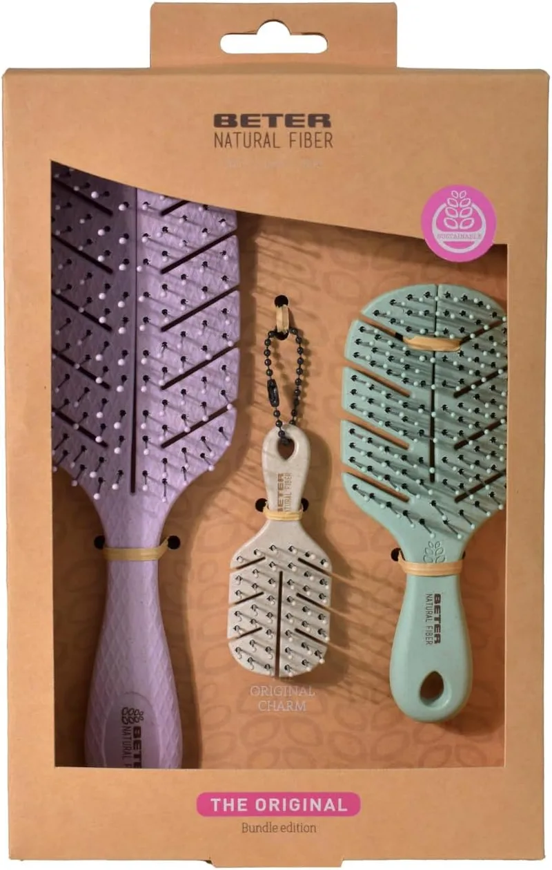 Beter ▫️ Kit 3 Escovas de Fibras Naturais para Desembaraçar o Cabelo (Original + Mini + Charm), Anti-emaranhado, Anti-quebra, Para todos os tipos de cabelo, Embalagem de oferta