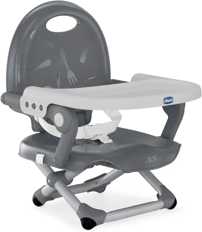 Chicco ▫️ Pocket Snack - Assento elevatório para crianças para refeições, adequado dos 6 meses aos 3 anos (15 kg), cadeira de refeições de viagem portátil e ajustável para bebés, compacta e com tabuleiro amovível - Cinzento (Dark Grey)