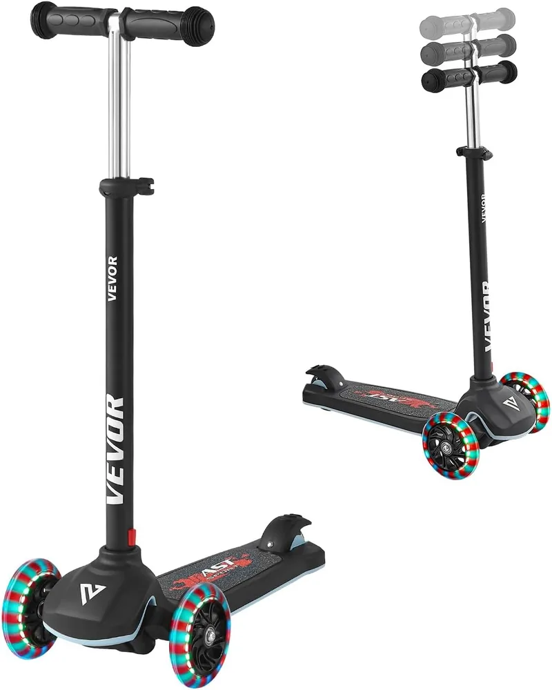 VEVOR ▫️ Scooter de 3 rodas para crianças a partir dos 3 anos, rodas iluminadas, guiador ajustável em altura, base antiderrapante e estrutura de alumínio leve, até 75 kg, preto, 520 x 250 x 800 mm