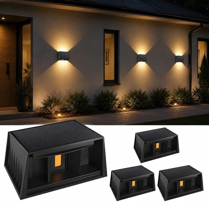 T-SUNUS ▫️ Aplique Solar de Parede para Exterior, 3000K Branco Quente, Lâmpadas Solares de Parede para Exterior, Ângulo do Feixe para Cima e para Baixo, Luzes Solares para Jardim, Caminho, Garagem, Pátio e Terraço, 4 Peças
