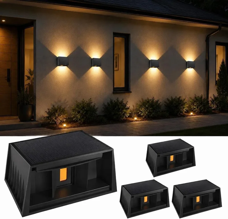 T-SUNUS ▫️ Aplique Solar de Parede para Exterior, 3000K Branco Quente, Lâmpadas Solares de Parede para Exterior, Ângulo do Feixe para Cima e para Baixo, Luzes Solares para Jardim, Caminho, Garagem, Pátio e Terraço, 4 Peças