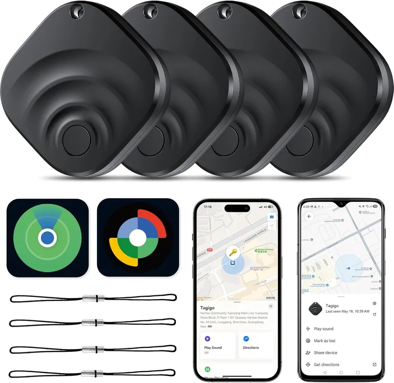 TIMU ▫️ 2026 Etiquetas de localização de objectos Air Tracker para Android e iOS Etiquetas inteligentes de localização Bluetooth compatíveis com Apple Find My (iOS) e Google Find Hub (Android) Preto (Conjunto de 4)