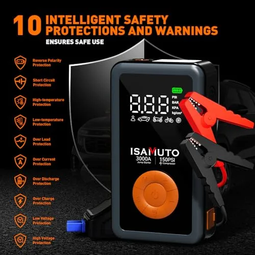 ISAMUTO ▫️ Arrancador de automóvel de 3000 A com compressor de ar de 150 PSI, reforço de bateria de 12 V para motores a gasolina de 7,0 L e a gasóleo de 6,0 L, inflador portátil com ecrã LCD e luz LED 2