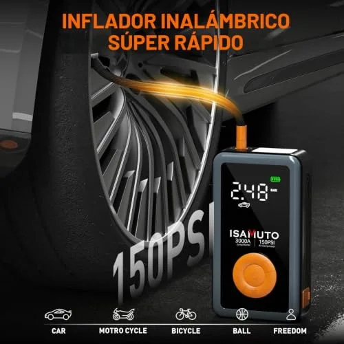 ISAMUTO ▫️ Arrancador de automóvel de 3000 A com compressor de ar de 150 PSI, reforço de bateria de 12 V para motores a gasolina de 7,0 L e a gasóleo de 6,0 L, inflador portátil com ecrã LCD e luz LED 3