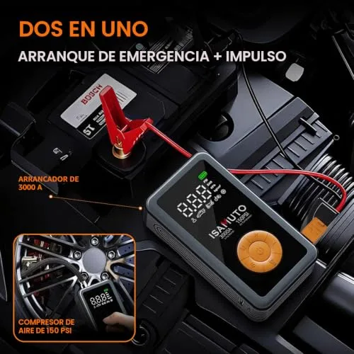 ISAMUTO ▫️ Arrancador de automóvel de 3000 A com compressor de ar de 150 PSI, reforço de bateria de 12 V para motores a gasolina de 7,0 L e a gasóleo de 6,0 L, inflador portátil com ecrã LCD e luz LED 4