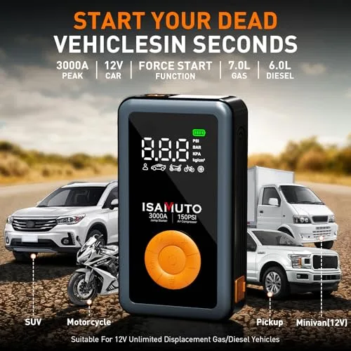 ISAMUTO ▫️ Arrancador de automóvel de 3000 A com compressor de ar de 150 PSI, reforço de bateria de 12 V para motores a gasolina de 7,0 L e a gasóleo de 6,0 L, inflador portátil com ecrã LCD e luz LED 5