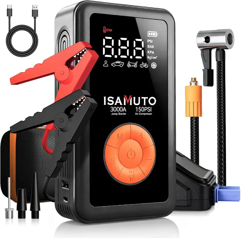 ISAMUTO ▫️ Arrancador de automóvel de 3000 A com compressor de ar de 150 PSI, reforço de bateria de 12 V para motores a gasolina de 7,0 L e a gasóleo de 6,0 L, inflador portátil com ecrã LCD e luz LED