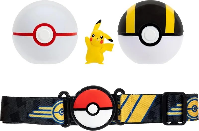 Pokémon ▫️ Conjunto de cinto Pikachu Clip ‘N’ Go : Figura de batalha do Pikachu com 5 cm, com Honor Ball, Ultra Ball e cinto temático do Tipo Elétrico.
