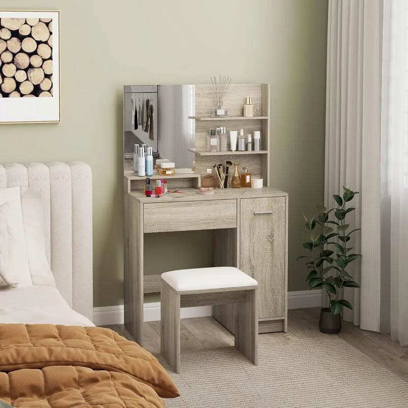 HOMCOM ▫️ Penteadeira com banco, penteadeira com espelho, prateleiras abertas, gaveta e prateleira ajustável, sistema anti-tombamento, para quarto, sala e vestiário, cor natural