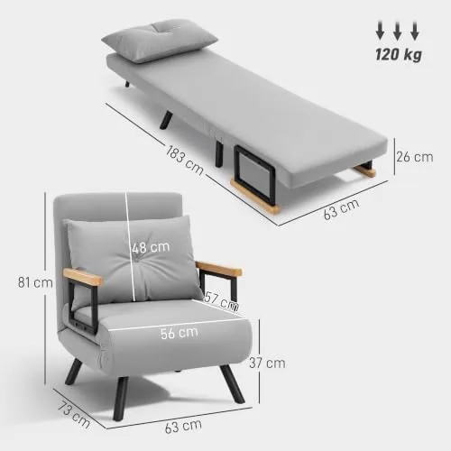 HOMCOM ▫️ Sofá-cama de 1 lugar, 4 em 1, dobrável, 63 x 73 x 81 cm, cinzento claro 3